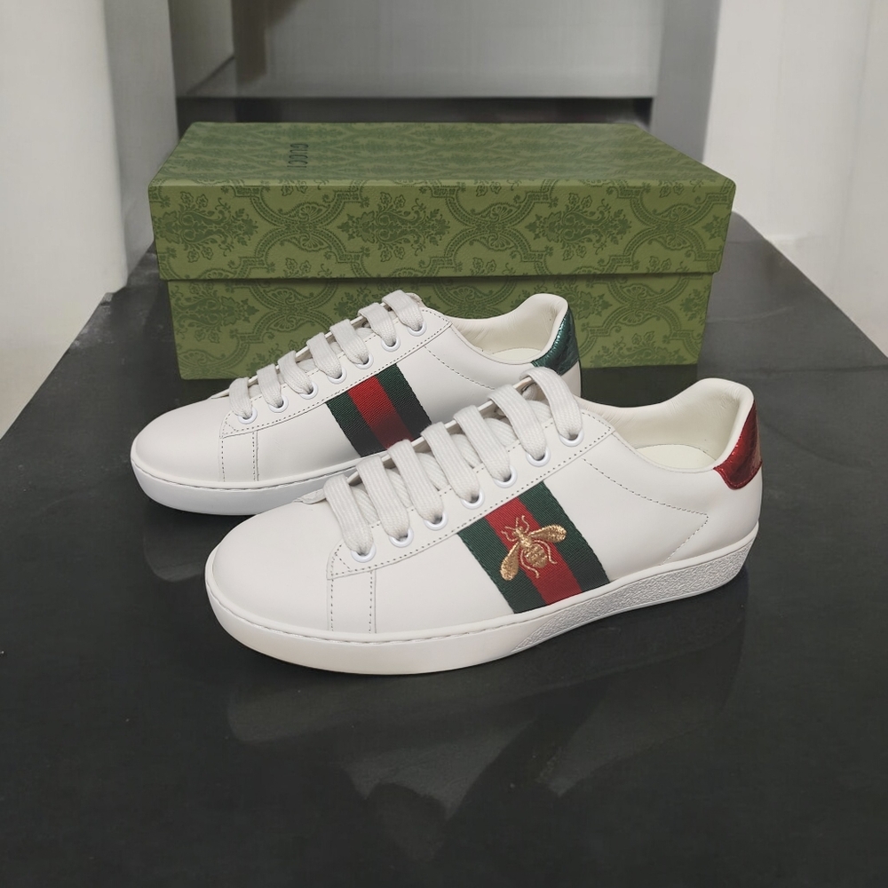 Gucci White Sneakers with Red and Green Accents